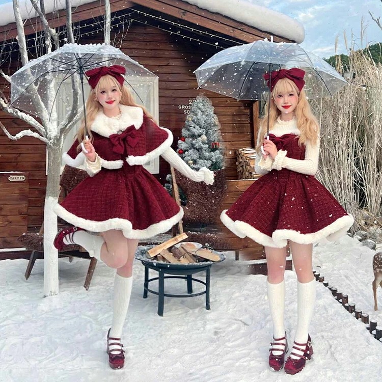 ロリータ ドレス ワンピース 女の子 可愛い ケープ ワインレッド クリスマス Lolita 甘ロリ ロリィタ JSK リボン マント キャミソールワンピ クリスマス ダンス 衣装 レディース ジャン