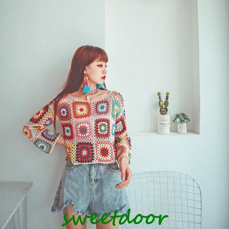 レディース セーター ニット 手編み かぎ編み モチーフ 長袖 フリーサイズ ベージュ レッド ブラック