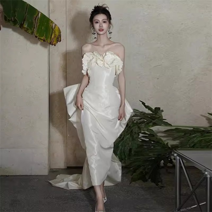 オフホワイト　ウェディングドレス　袖なし　ビスチエ　 ロング丈　ロングドレス ウェディングドレス 　パーティードレス　二次会ドレス　ブライダル　撮影　XS/S/M/L/XL　レディース　ドレス 　エ