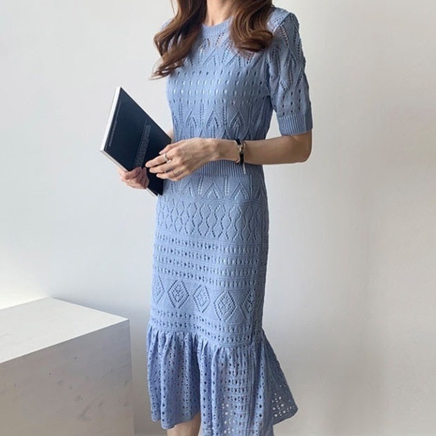 サマーニットワンピース サマーワンピース 白 水色 夏 半袖 サマーニット 韓国 レディース オルチャン インナーキャミソール フィッシュテール キュート ホワイト ネイビー 黒 ブラック