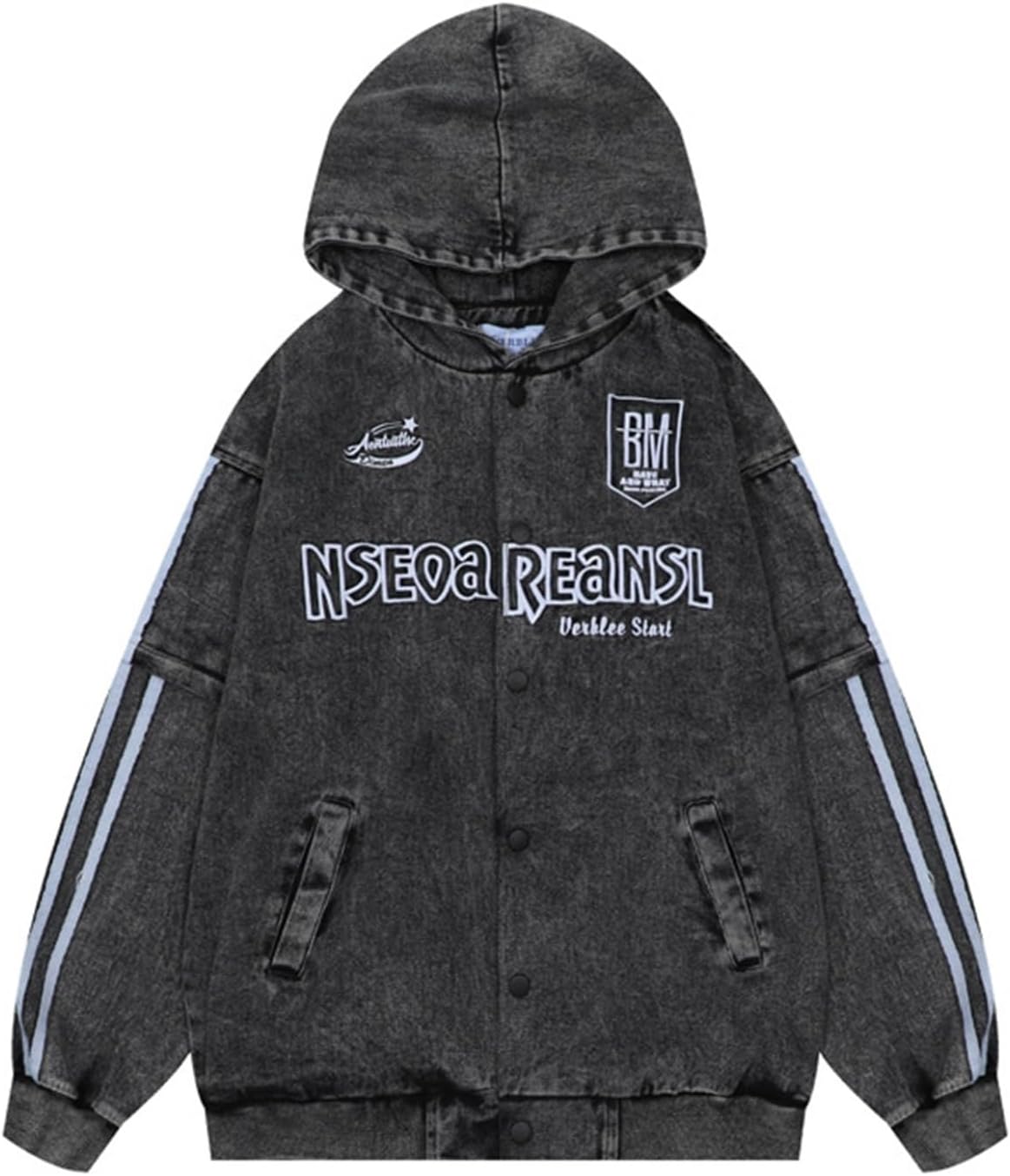 デニムパーカー プルオーバー 英語柄 刺繍 綿 メンズ ビンテージ フード付き ストライプ カーディガン ボタン 前開き 長袖 トレーナー 春秋用 着心地 カジュアル 普段着 アウトドア