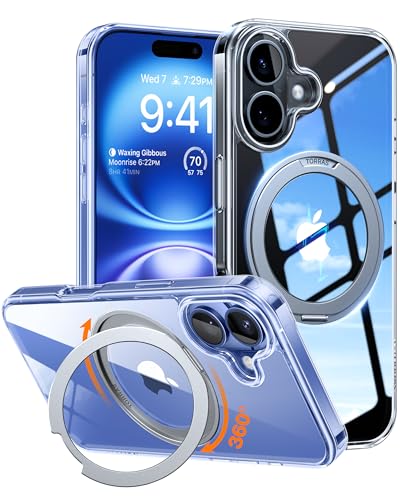 【透明度爆上がり・多機能360度回転スタンド】 iPhone16 用 ケース クリア 縦横両対応 ハルバッハマグネット搭載 MagSafe対応 米軍MIL規格耐衝撃 リング 指紋防止 黄変防止 マグセ