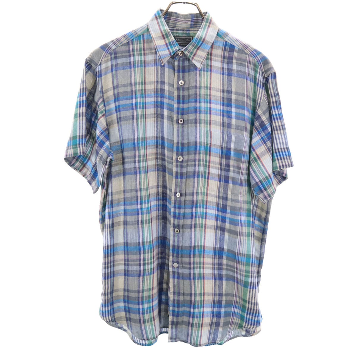 Christian Dior MONSIEUR クリスチャンディオール ムッシュ 90s リネン オールド チェック柄 半袖 シャツ L ブルー系 メンズ 古着