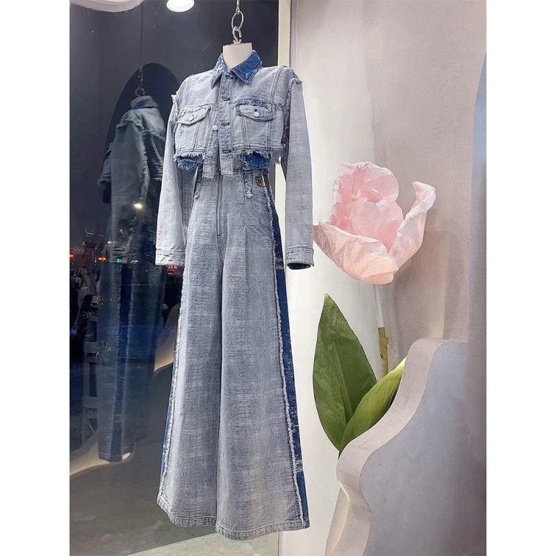 ハイエンドのカスタマイズ-2025 ファッション年齢を減らす小さな香りのドレスレトロデニムワイドレッグパンツツーピーススーツ女性のための