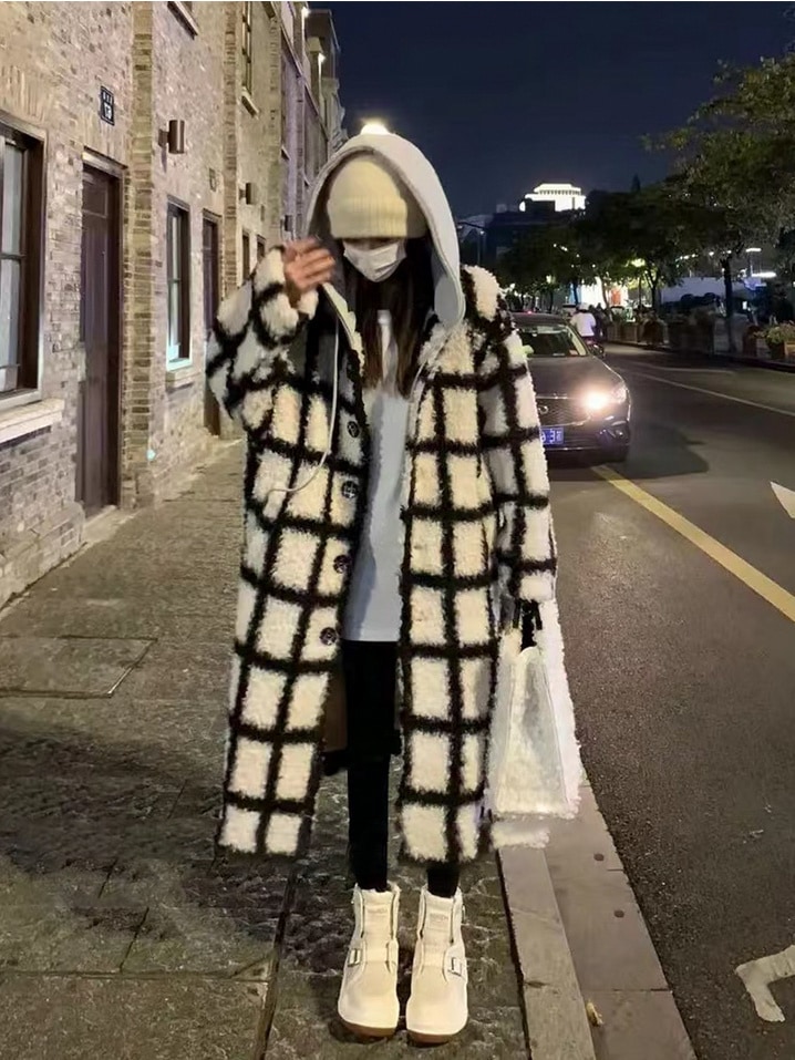 韓国ファッション チェック アウター フード付きコート ラムズフリース 厚手 ゆったり オーバーコート 男女兼用