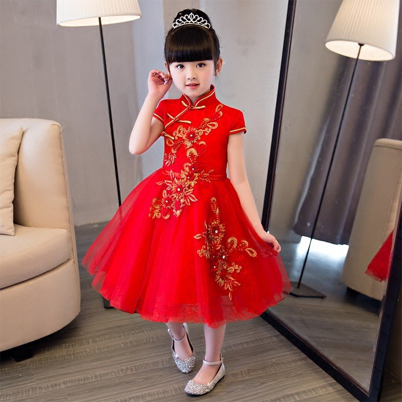 フラワーガールドレス 赤 子供ドレス ピアノ発表会 半袖 子どもドレス 女の子 キッズフォーマル お