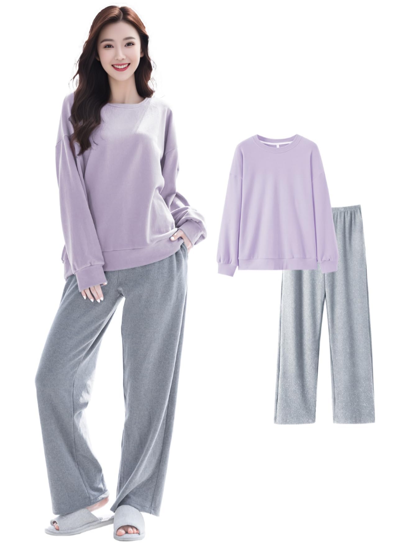 [Beatgos] ルームウェア 部屋着 パジャマ レディース 秋 冬 長袖 暖かい セットアップ 新素材 ドラロン (505 パープル L)