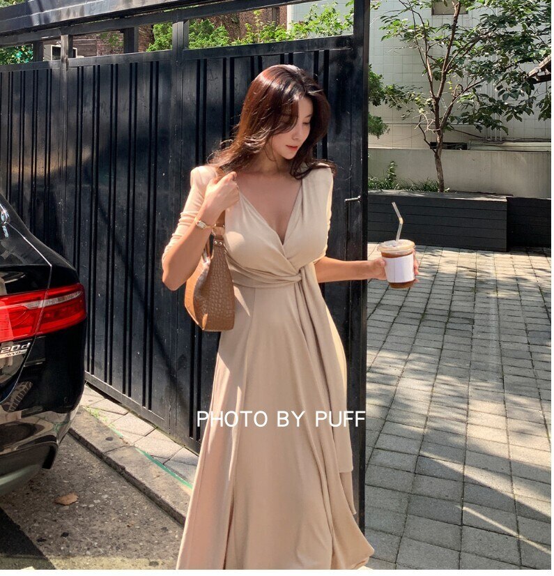 ワンピース ロング ロング丈 袖あり l 七分袖 Vネック セミフレア ウエストリボン 大人可愛い きれいめ シンプル 大人 上品 おしゃれ お洒落 無地 春 夏 秋 10代 20代 30代 4