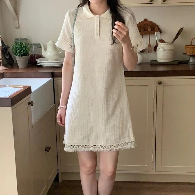 24 ワンピース ミニ丈 Aライン 半袖 襟 レース ボタン ゆったり 白 おしゃれ かわいい ガーリー キュート きれいめ 韓国ファッション レディース お出かけ