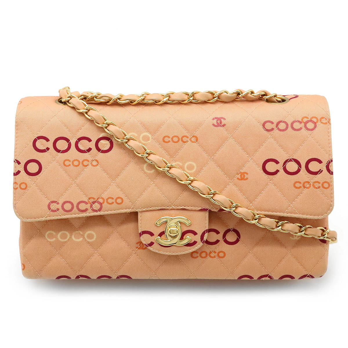 COCOプリント マトラッセ25 ココマーク Wチェーンショルダーバッグ キャンバス レザー サーモンピンク ゴールド金具 A0111