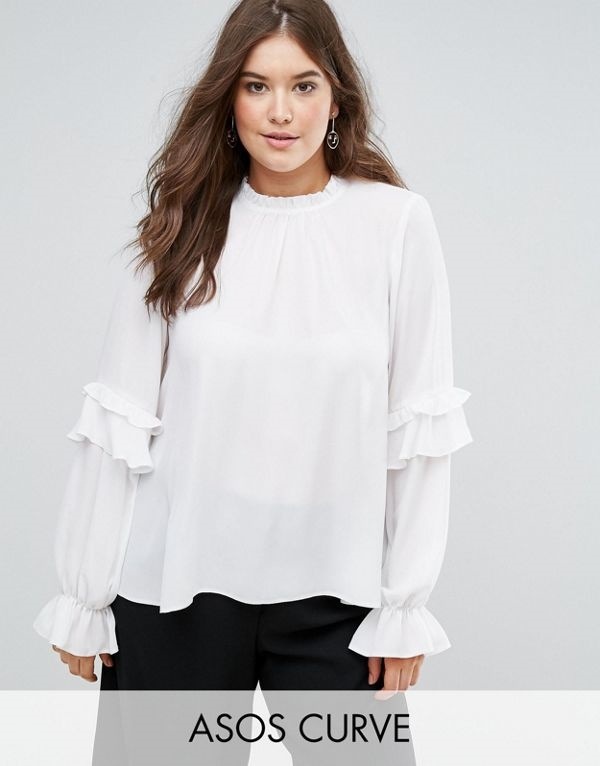 ASOS エイソス レディース 大きめサイズ ゆったりサイズ 送料無料 Ivory CURVE High Neck Ruffle Sleeve Blouse