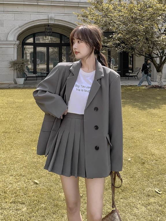 2点セット セットアップ スカート ジャケット 上下セット 袖あり 長袖 Vネック 襟付き ワイド プリーツ ポケット かわいい 大人可愛い きれいめ シンプル カジュアル 大人 おしゃれ お洒落