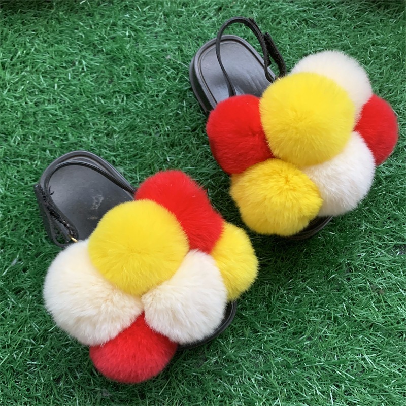 夏子供スリッパウサギの毛皮ボールスニーカーぬいぐるみレッキスウサギの毛皮のかわいいサンダルホームファーボール