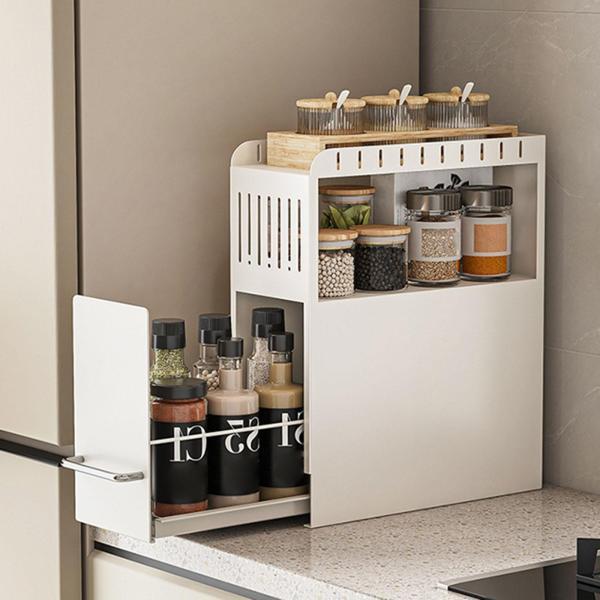 スパイスオーガナイザー キッチンカウンタートップオーガナイザー カーボンスチール 頑丈 調節可能 スタイリッシュ 食器棚 引き出し式 ホームキッチン用