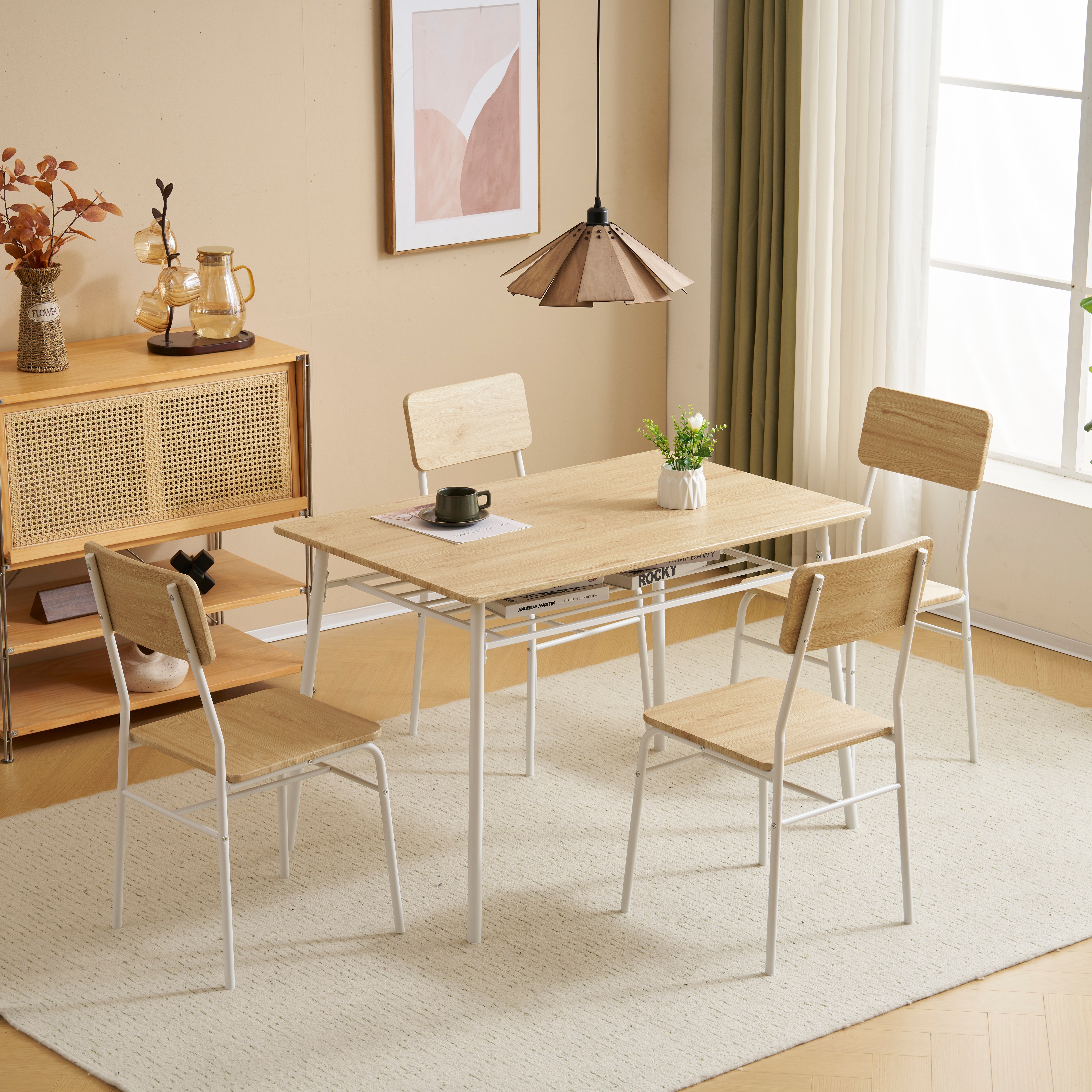 【大好評！最安値挑戦!】ダイニングテーブルセット 4人用 5点セット 収納付き ダイニングテーブル リビングテーブル 食卓 テーブル チェア 4脚 ナチュラル 木目調 おしゃれ 組み立て品GG7663