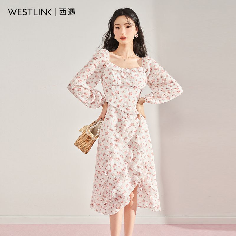 韓国 ワンピース スリットフリル ワンピース 夏 パーティードレス ロングワンピース ワ レディース ワンピース フラワープリント パステルピンク ロマンチックワンピース 2025春新作 初恋デザイン
