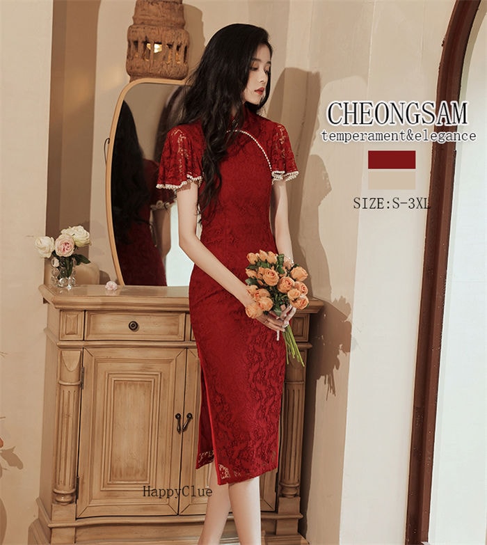 ワンピース チャイナ風 半袖 夏 レース チャイナドレス スリット セクシー 立ち襟 パーティードレス フェミニン 優雅 ロング レディース 30代40代 ママ 母 きれいめ レトロ 春夏 フォーマル