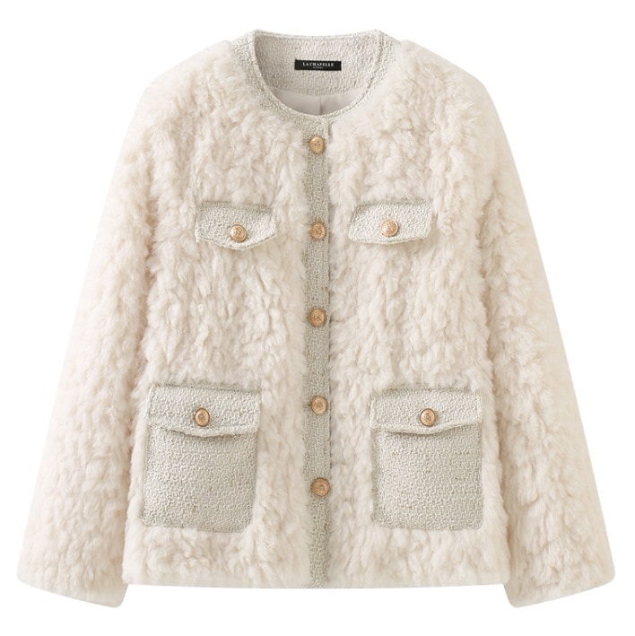 ボアブルゾン ボアアウター エレガントジャケット オフィスカジュアル トップス アウター ジャケット シャンパー 上着 ボアブルゾン 袖あり 長袖 Uネック もこもこ モコモコ ふわふわ ポケット