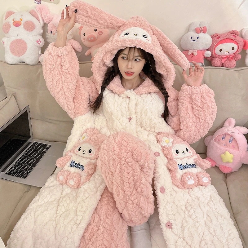 通学 マイメロディパジャマ女性冬珊瑚絨毯厚手3層綿入り冬用ガウンロングバスローブ保温セット 保育園 小学部