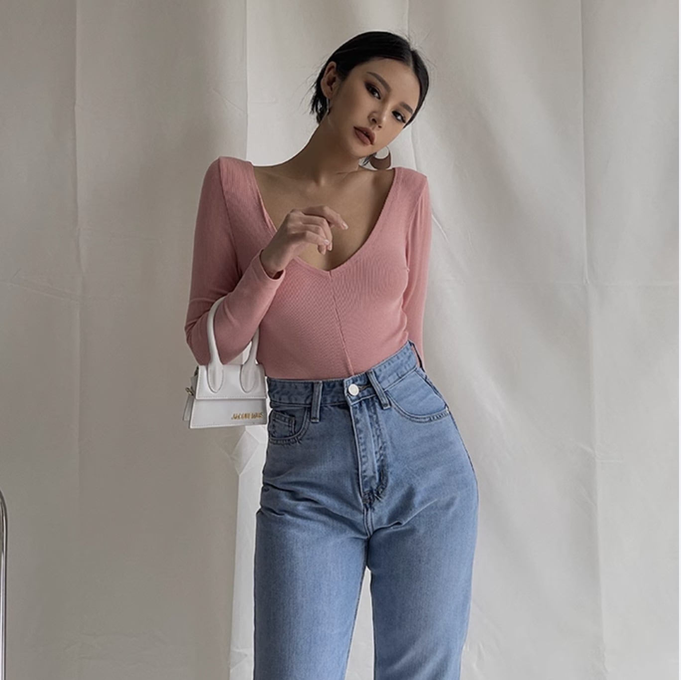 トップス シャツ 長袖 Vネック ボトムスシャツ スリム フィット 伸縮性 細身 タイト 大人可愛い きれいめ シンプル カジュアル おしゃれ かっこいい こなれ感 ラフ クール セクシー 20代