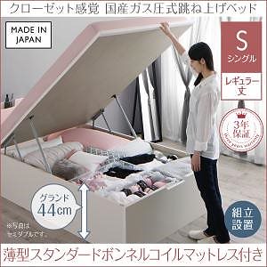 [組立設置付]クローゼット跳ね上げベッド [エマーブル] 薄型スタンダードボンネルコイルマットレス付 縦開き シングル レギュラー丈 深さグランド [フレーム色]ホワイト [マットレス色]ホワイト