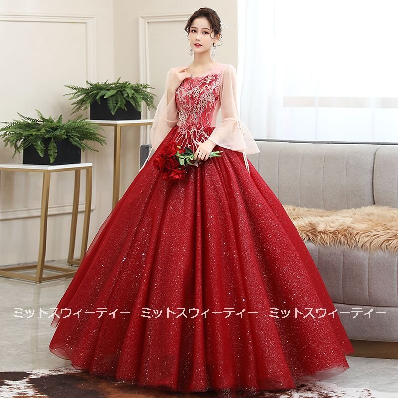 カラードレス レッド 演奏会 カラードレス ベルスリーブ コンサート 結婚式 発表会 ロングドレス