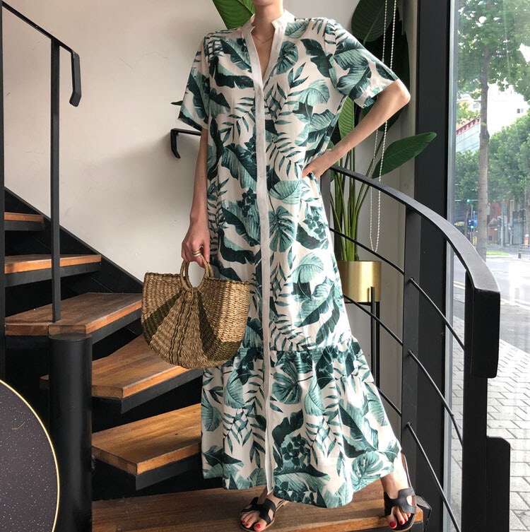 ワンピース マキシ丈 半袖 Vネック Iライン ギャザー かわいい シンプル アジアン モダン