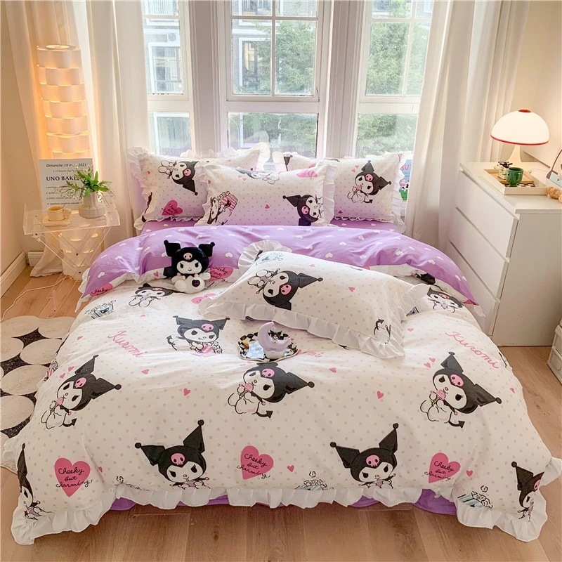 サンリオクロミ綿4点レーススタイル純綿漫画シナモン犬ベッドシーツと掛け布団カバー3点セット