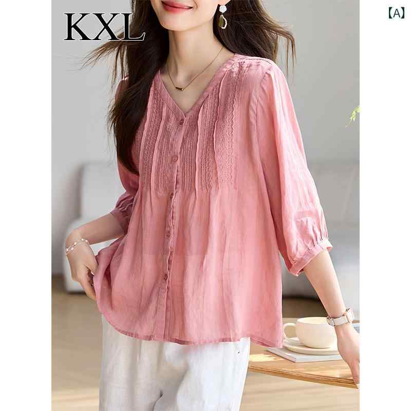 トップス レディース おしゃれ 上品 通勤 オフィス カジュアル 綿 リネンシャツ 夏 七分袖 シャツ