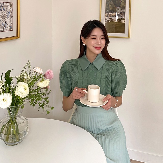 韓国ファッション サテン カラー 脱着 ケーブル ニット새틴 카라 탈부착 꽈배기 니트