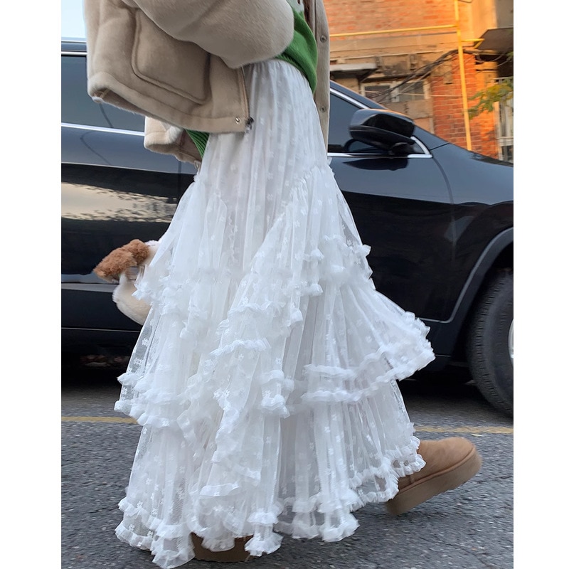 Yuejuxing白レーススカートレディース秋冬新作aラインガーゼスカート甘いプリンセスふわふわケーキロングスカート 4,962円