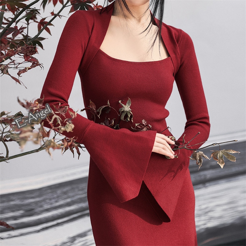 ニットワンピース 冬 ロング 赤 スクエアネック ワンピース 重ね着風ワンピース マキシ丈 エレガント 卒業式 入学式 パーティードレス