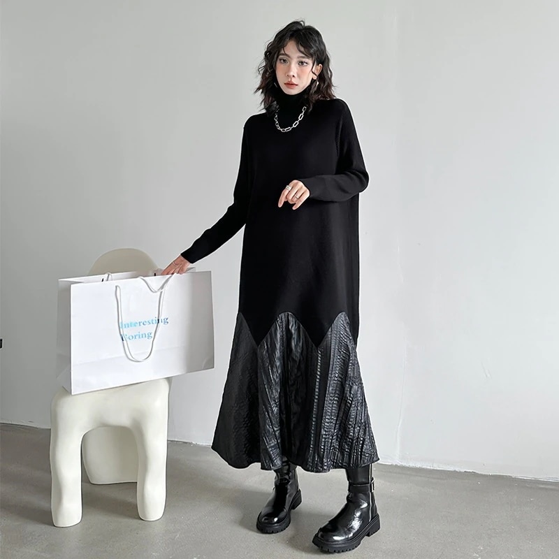 フレンチ風高級感パッチワークニットワンピース レディース秋冬新作ゆったりシルエット 細身効果ハイネックレイヤード用オーバーサイズ 毛糸ワンピース