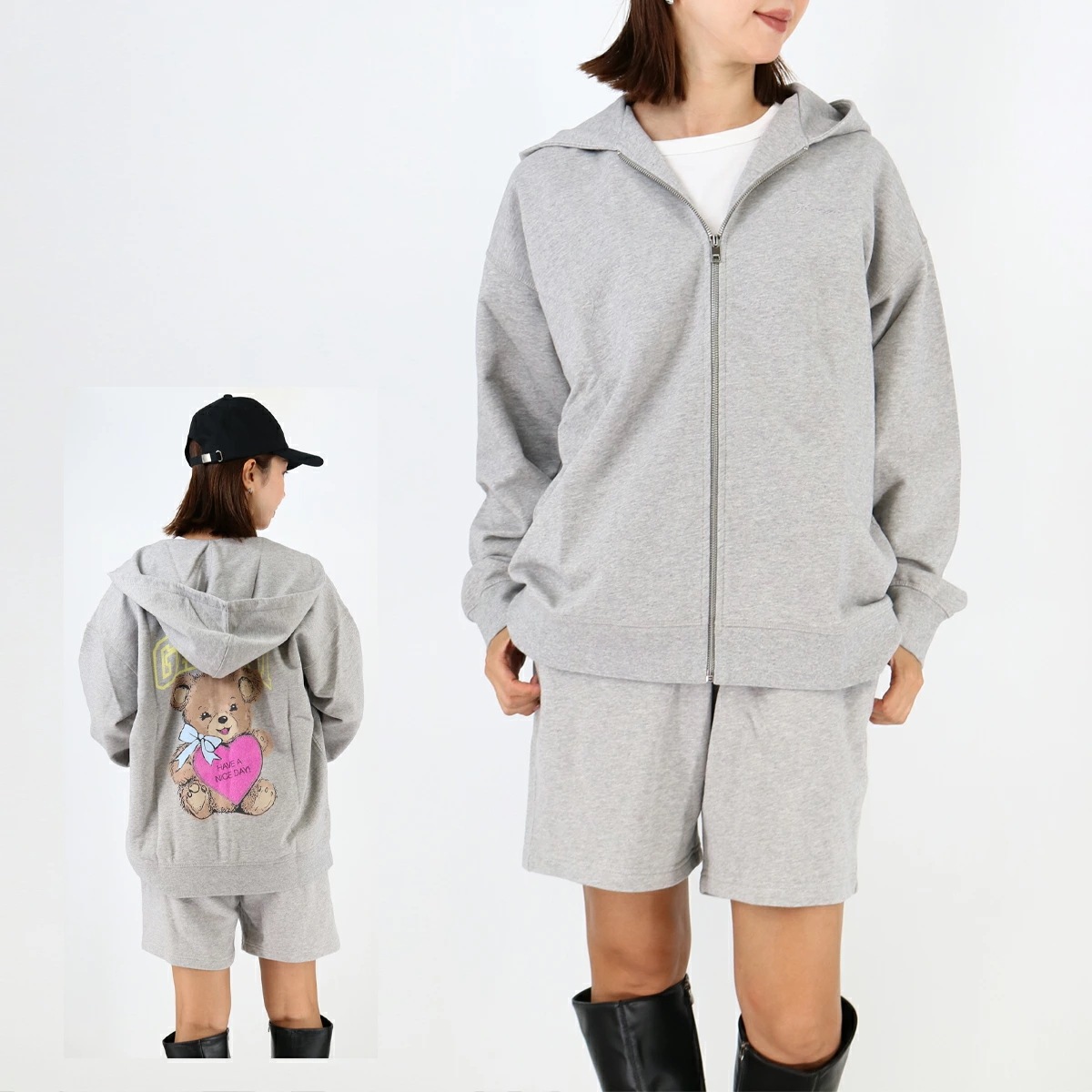 ジップアップフーディ T4399 ISOLI TEDDY OVERSIZED ZIP HOODIE ロゴ フードパーカー スウェット トップス フーディー オーバーサイズ 長袖