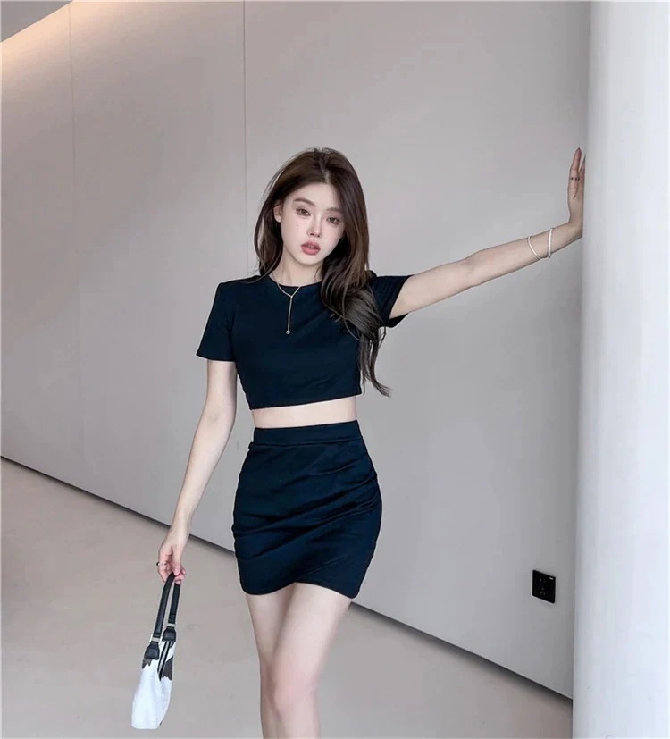 2点セット ミニスカート タイトスカート 【10点セット】韓国ファッション 交差する バンディング 半袖 Tシャツ セクシー スリム 背透けて800