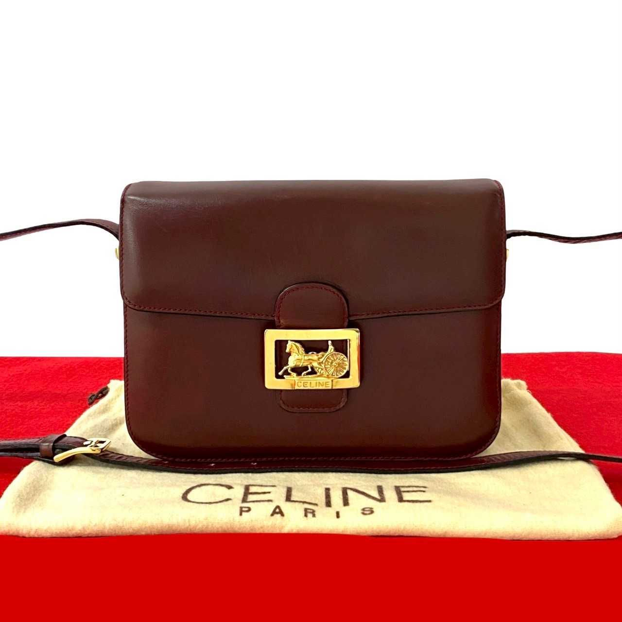 ヴィンテージ ロゴ 馬車金具 ショルダーバッグ レザー ワインレッド 28500