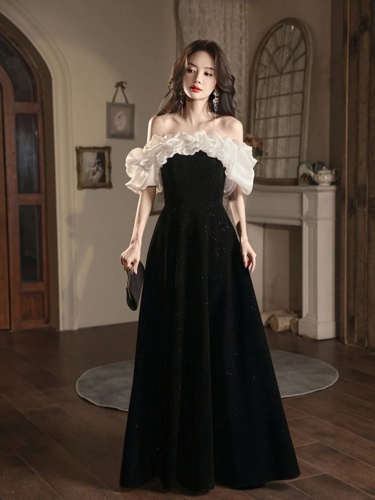 【急速出荷!】フレンチイブニングドレス 2024ガウンドレス ブラックヘップバーンスタイルパーティードレス パーティードレス キャバドレス ウェディングドレス