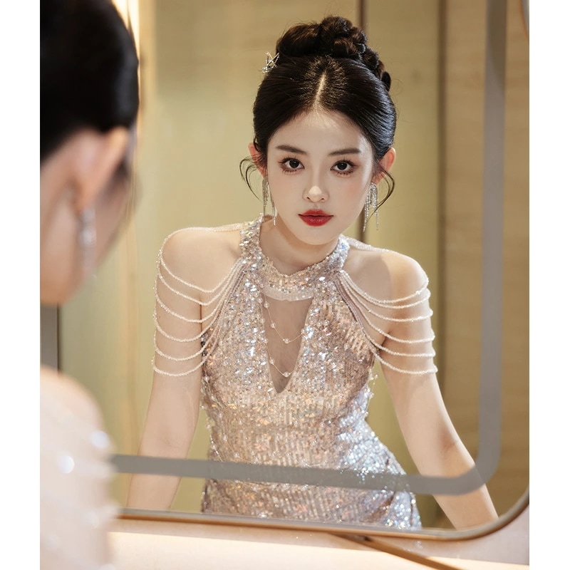 マーメイドドレス イブニングドレス ホルターネック シャンパン色 シルバー 発表会ドレス オフショルダー ビーズ パール オシャレ ロングドレス キラキラドレス スパンコール パーティードレス マーメ