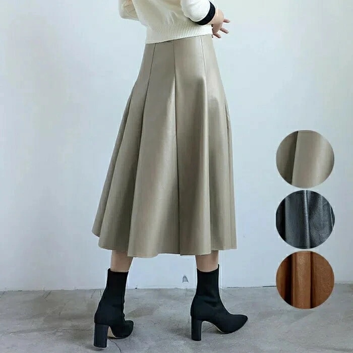 新品入荷 スカート オフィス ニット ボトムス かわいい きれいめ ハイウエスト プリーツ 無地 ウエストゴム ミディ丈 レザー 無地 Aライン オフィ 冬 冬服 韓国ファッション