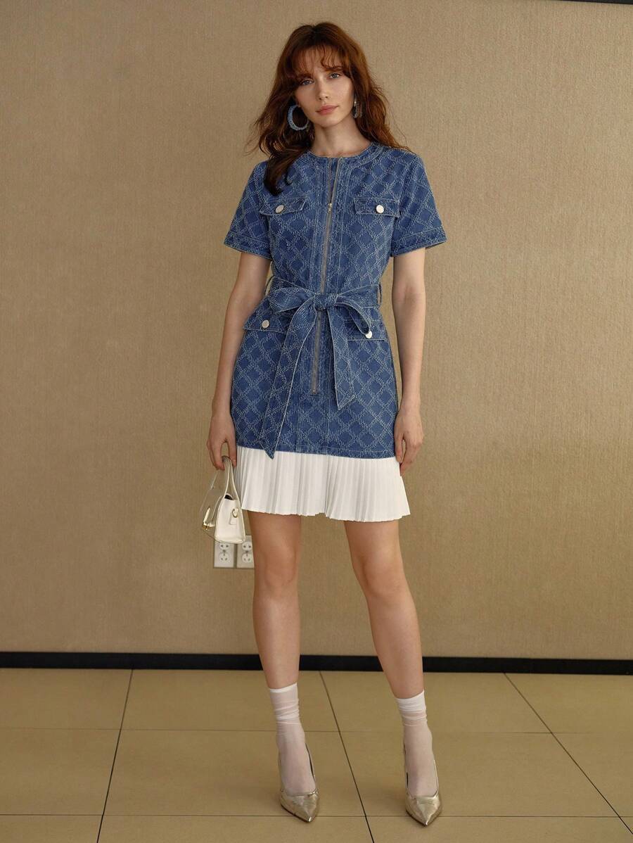ベルト付きプリーツデニムドレス