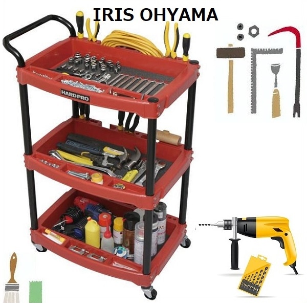 【期間限定価格】ハードツールワゴン ハンドル付 HDW-3H レッド 工具収納 運搬 ワゴン 棚1段当り15kgの耐荷重 静止耐荷重50kg ハンドル吊り下げ耐荷重2kg