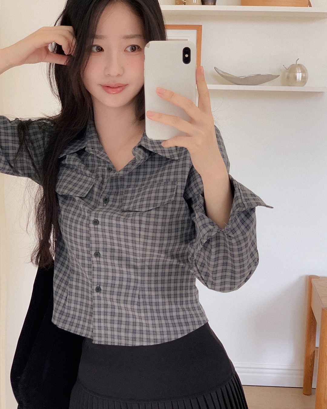 フェラルチェッククロップシャツ韓国ファッション レディース