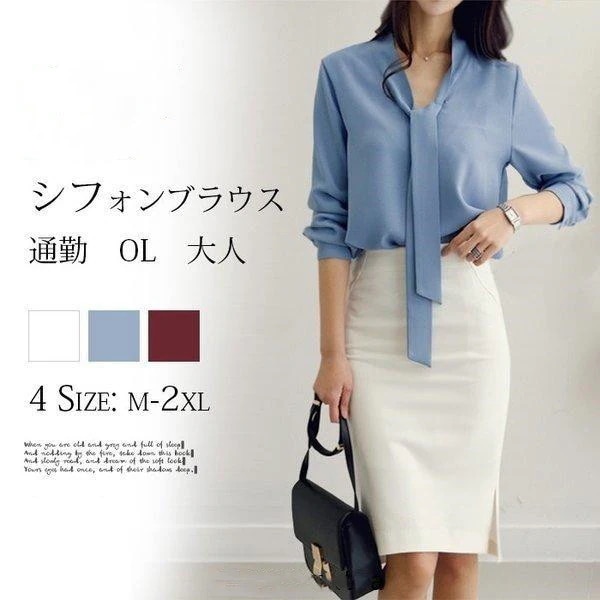 シャツ ブラウス レディース とろみシャツ シフォンシャツ 長袖 Vネック 無地 リボン ゆったり 着痩せ おしゃれ 通勤 OL 春 夏 秋