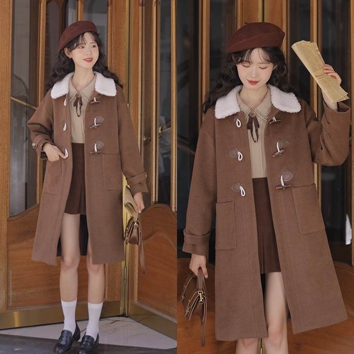 ロングコート レディース アウター ダッフルコート XS S M L アプリコット ブラウン 茶色 レッド 赤 大人カラー くすみカラー 無地 ボア ボア襟 ロング丈 ロング ミドル丈 ミディ丈 膝丈