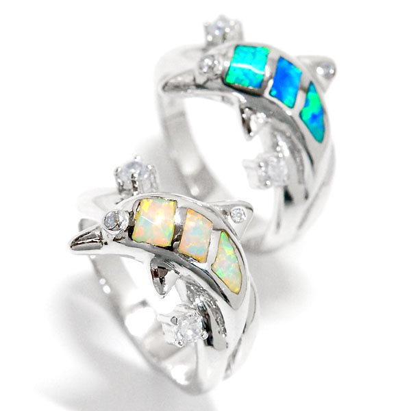 ハワイアンジュエリー リング ドルフィン イルカ オパール クリアジルコニア レディース シルバー925 ブルー/ホワイト