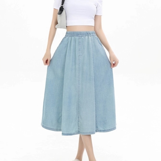 ボトムス スカート ミディアム丈スカート デニムスカート Aライン ウエストゴム ポケット 通気性 冷感素材 可愛い かわいい 大人可愛い きれいめ シンプル 上品 おしゃれ カジュアル レトロ