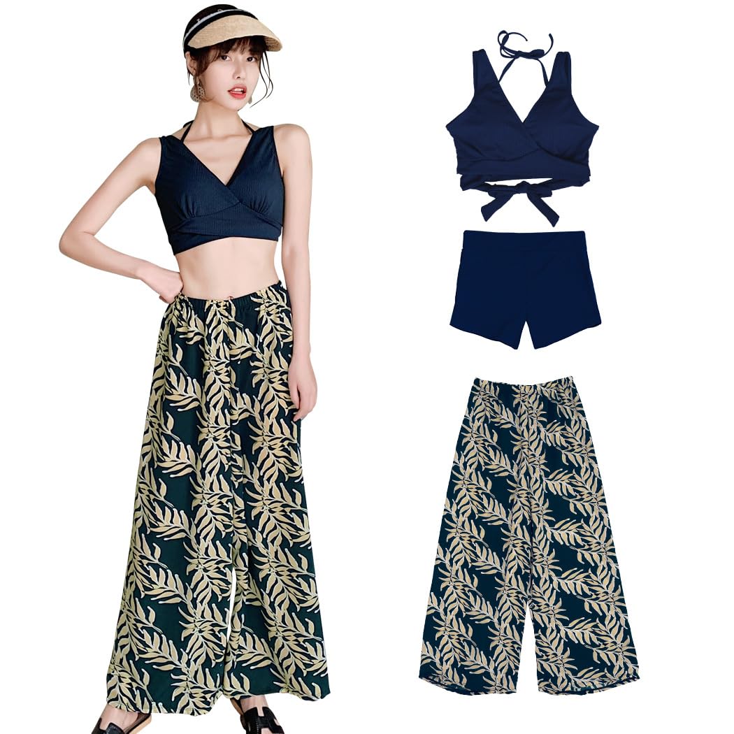 [Teddy] 水着 レディース 体型カバー タンキニ Vネック ビキニ ワイドパンツ 3点セット hys2318 (ネイビー×リーフ, L(9号))