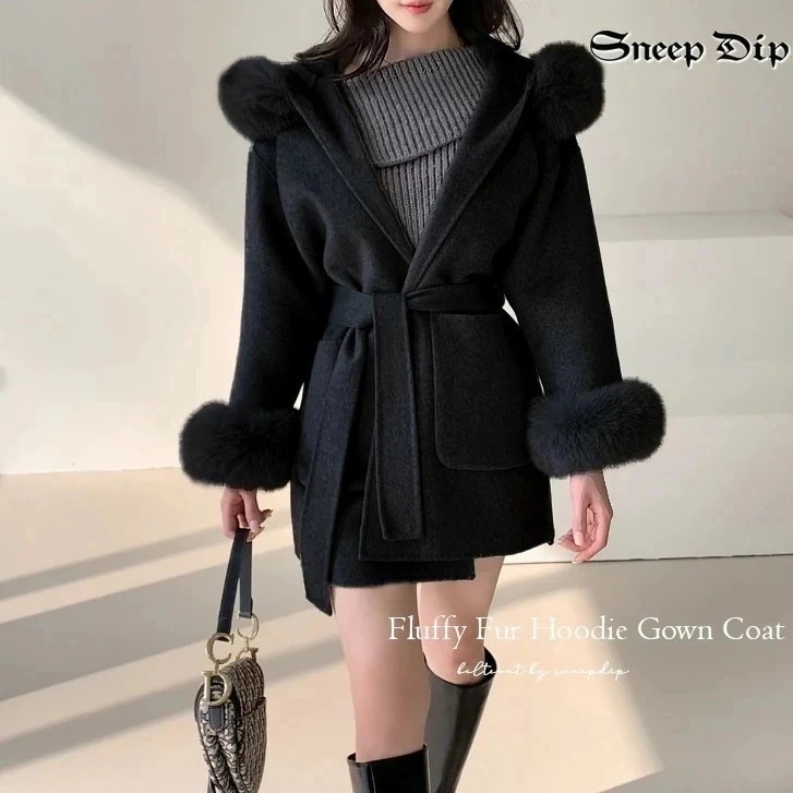 ファーフーディーコート ジャケット アウター ひざ上 フーディー 秋冬 無地 秋冬 SneepDip コート ふわもこ フェイクファー エコファー かわいい きれいめ ハーフコート 袖ファー ウエス防