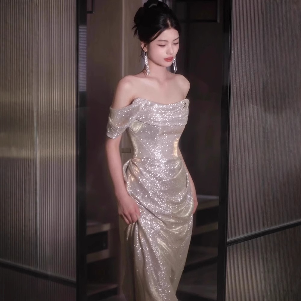 【送.料.無.料.急速発送】シルバーのスパンコールデコルテをウエストに収めたスリムスカートロングスカートドレス 演奏会 ウェディング 発表会 成人式 二次会 お呼ばれ