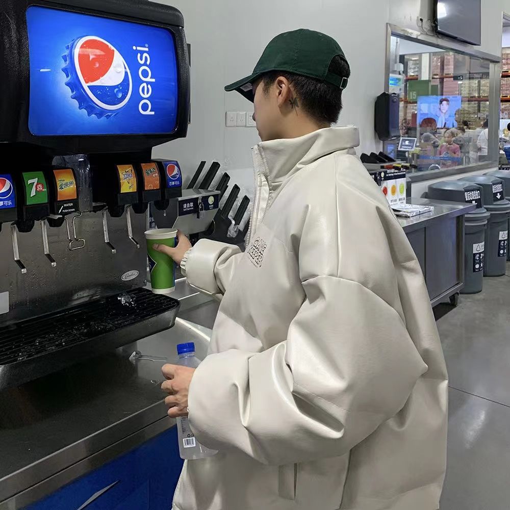 アウターダウンジャケット港風 PU革 個性 質感 ins 高級感 コットンジャケット 防寒 立ち襟 ウォーム おしゃれ 百掛け ジャケット ゆったり